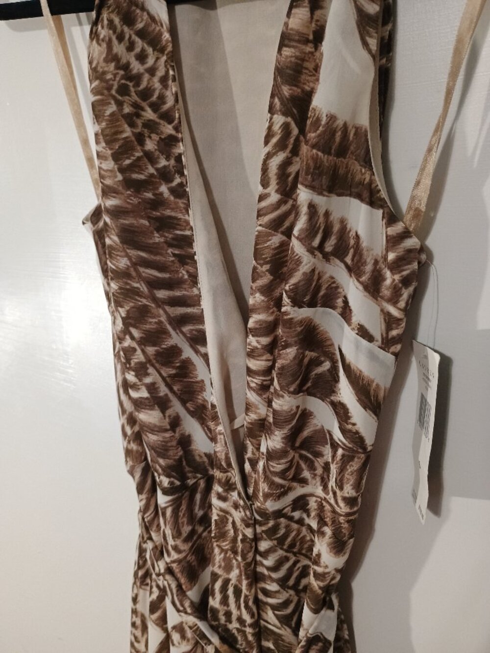 Lauren Ralph Lauren Feather Print Halter Dress Size 6 NWT Brown Ivory Wrap Tie W - Picture 5 of 8